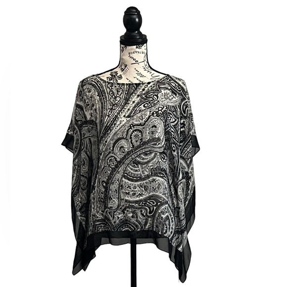 Talbots Black White Silk Paisley Boxy Oversized Poncho Sheer Xs/s Boho Oversized - Picture 2 of 8